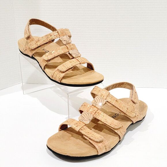 Vionic Rest Amber Sandals Womens Size 8 Gold Cork Back Strap Flats Slingback Tan - Picture 1 of 12